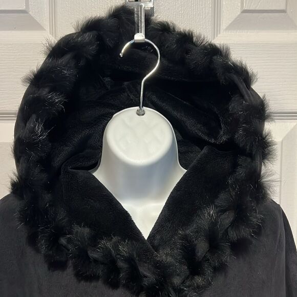 Jones New York Black Faux Suede‎ Real Rabbit Fur Trim Hooded Coat Size S - Picture 2 of 15